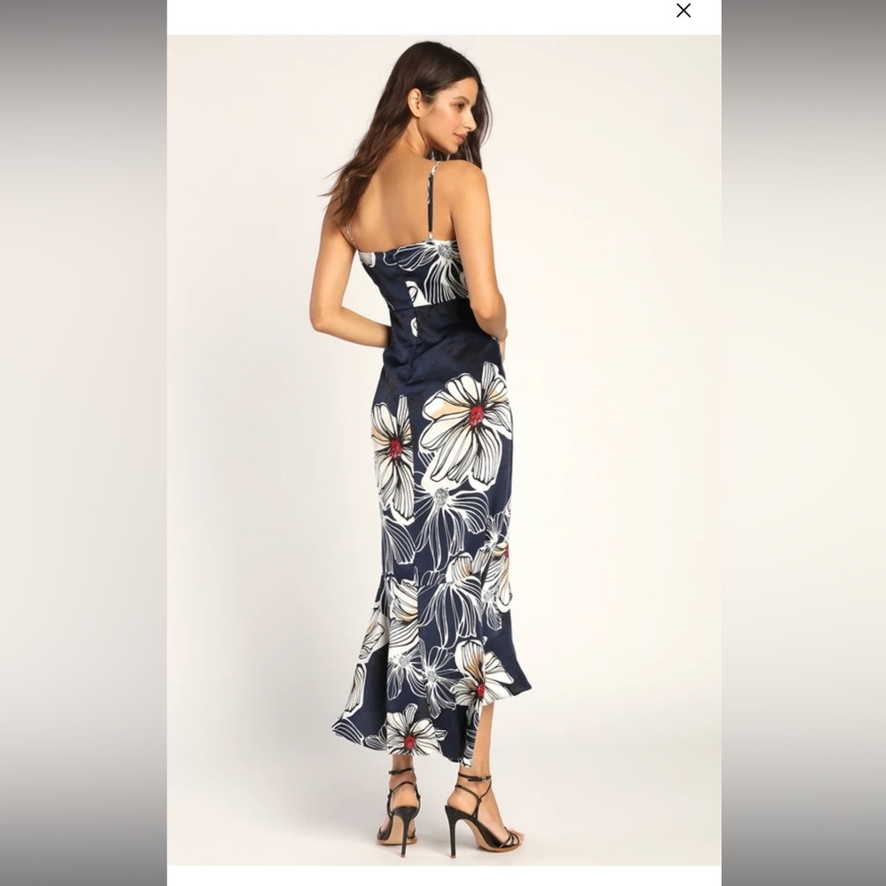 Lulus Seeking Chic Navy Blue Floral Print Ruffled Faux-Wrap Midi Dress - Picture 4 of 14